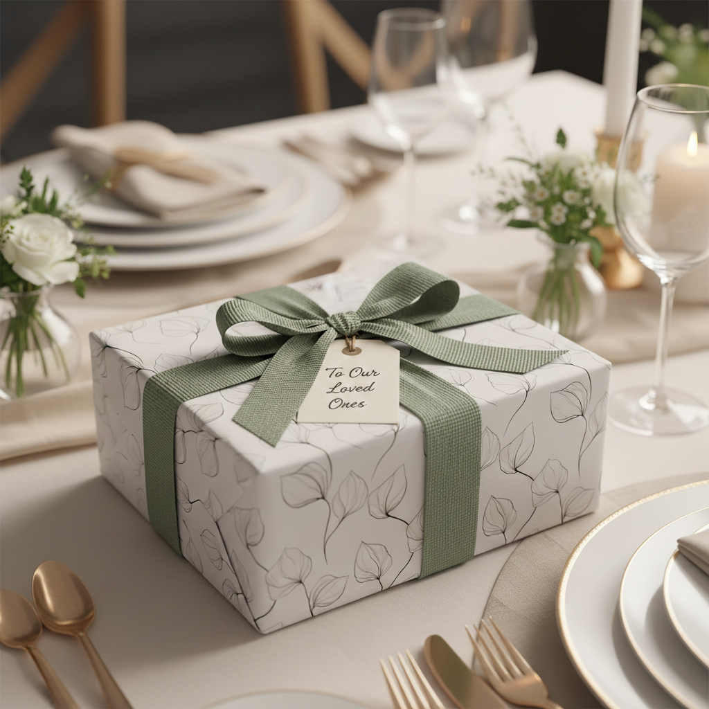 Elegant white wrapping paper with a minimalist sage green leaf pattern and ribbon, perfect for wedding, anniversary, or luxury gifts.