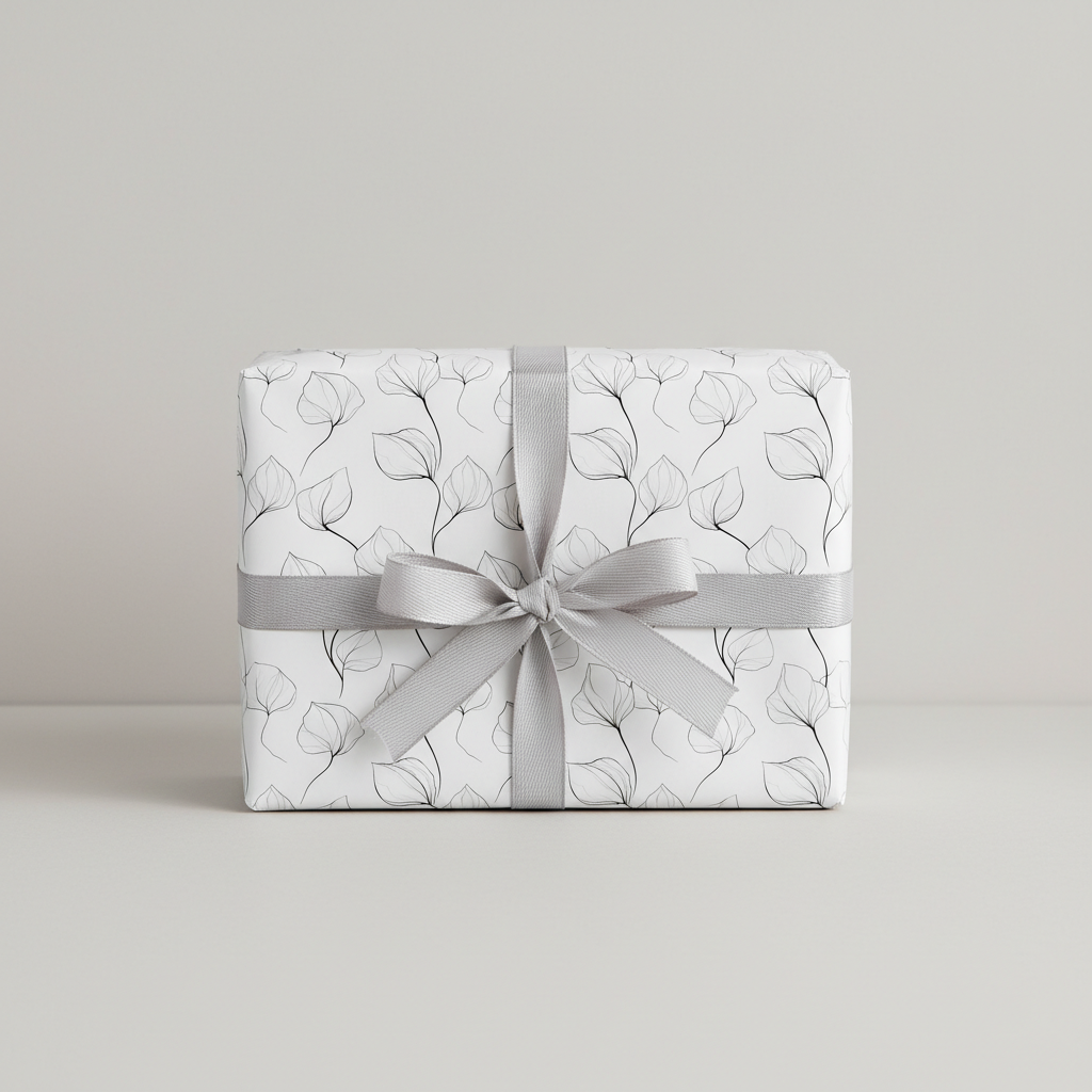 Modern white floral wrapping paper with delicate black leaf outlines and a sophisticated gray ribbon bow, perfect for elegant gifts.