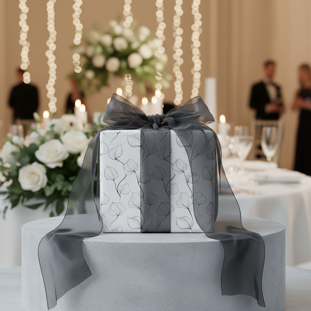 Elegant modern floral gift wrap in white and black with sheer gray ribbon, perfect for wedding, anniversary, or luxury special occasion.