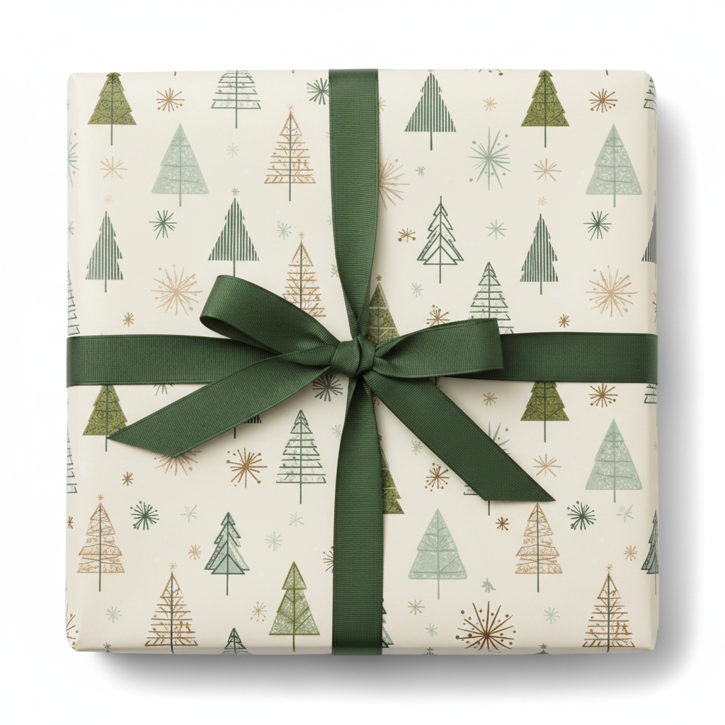 Modern Christmas gift wrap with green, gold, and white trees on a cream background, tied with a dark green ribbon and bow.