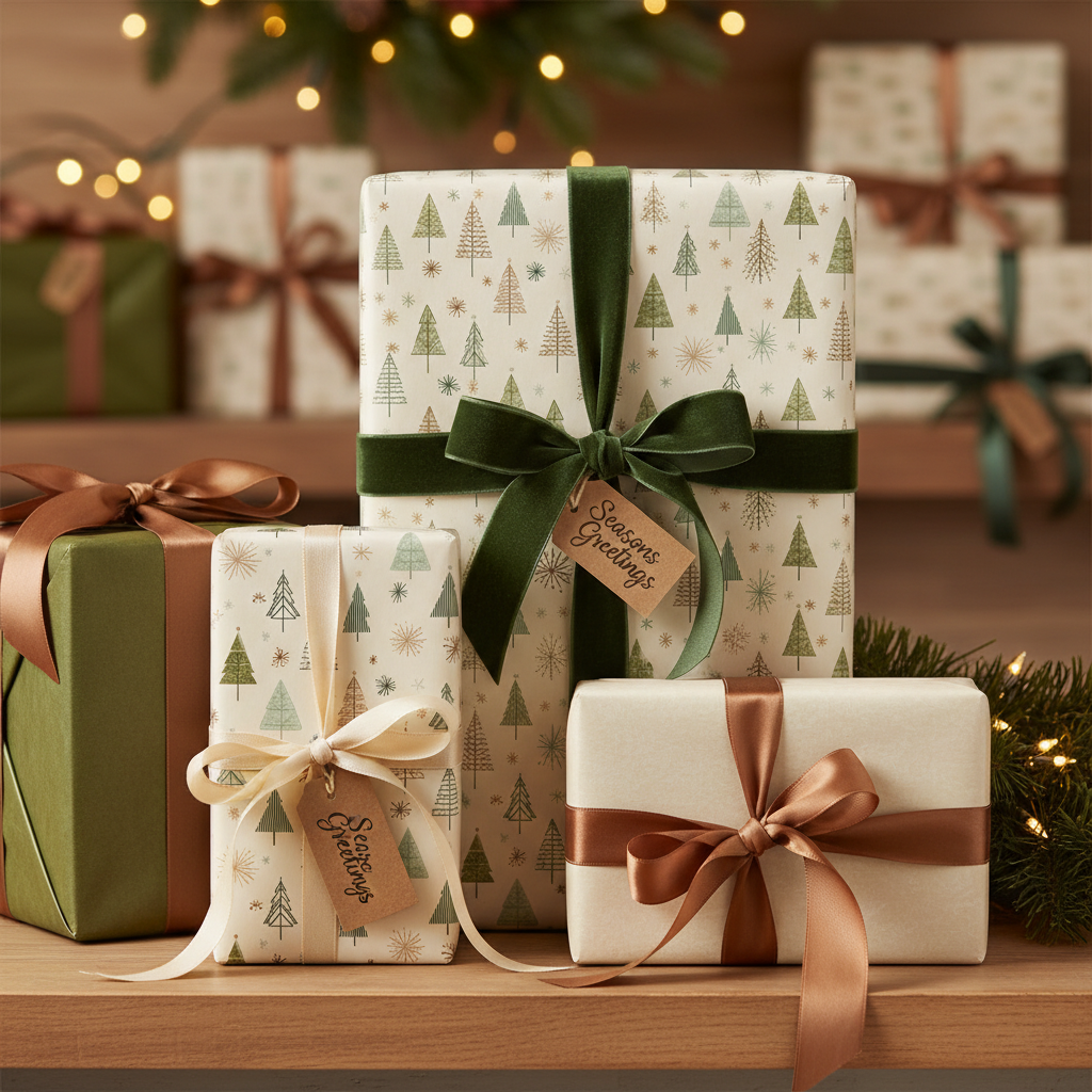 Festive Christmas wrapping paper with green trees and gold accents, tied with elegant velvet and satin ribbons, ideal for holiday gifts.