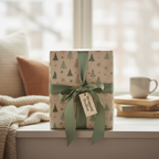 Christmas wrapping paper with green trees and snowflakes on a light tan background, tied with a sage green satin ribbon and gift tag, sitting on a window sill with a mug and books.