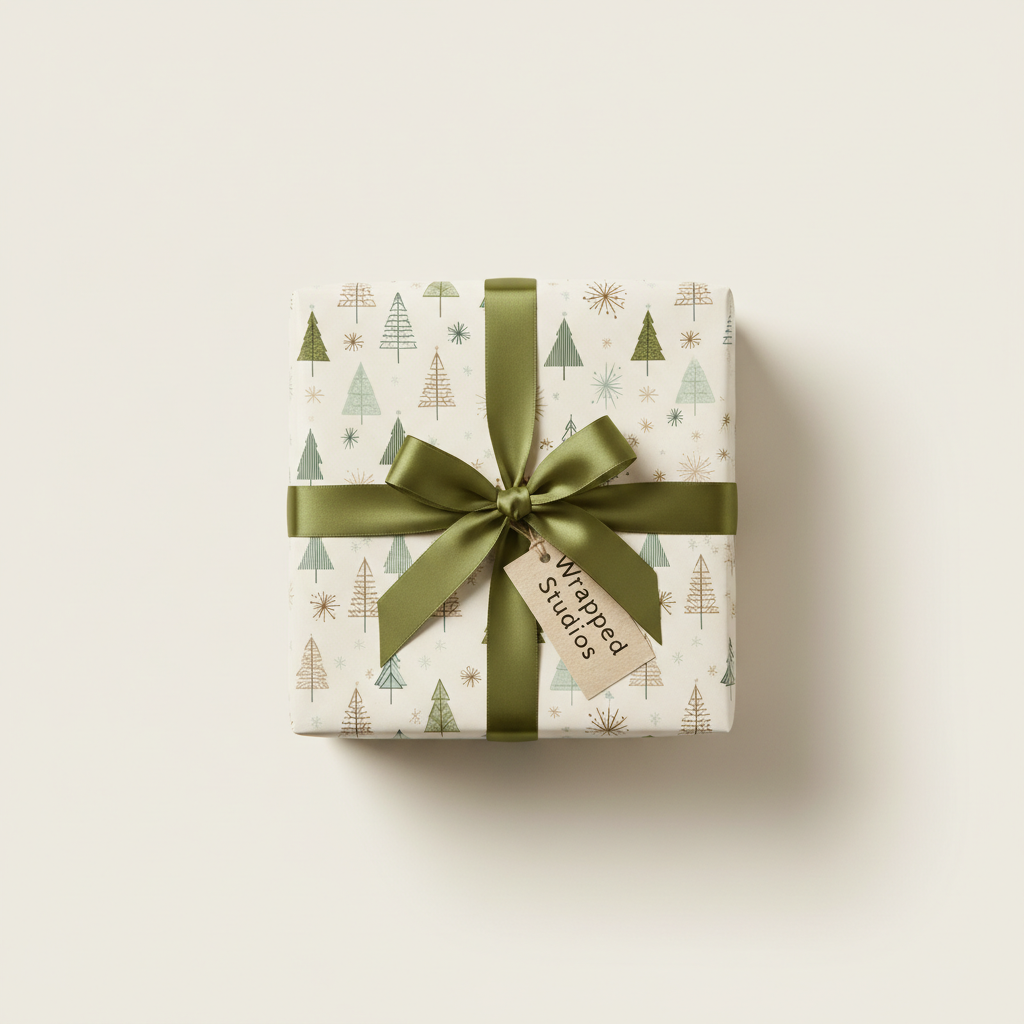 Christmas tree pattern wrapping paper with an olive green ribbon, bow, and gift tag, perfect for luxury holiday gift wrap.