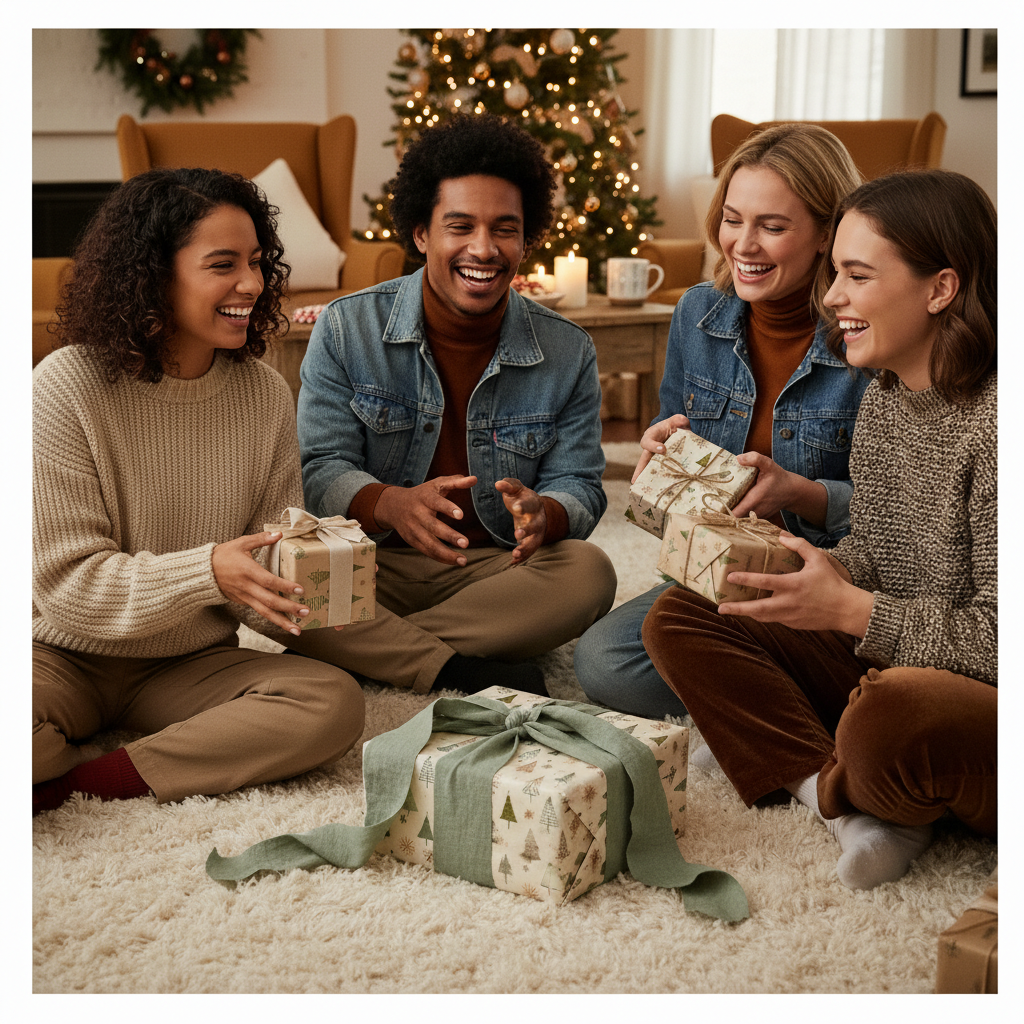 Friends joyfully exchange gifts wrapped in festive, minimalist Christmas tree pattern paper with a green ribbon, creating a cozy holiday vibe.