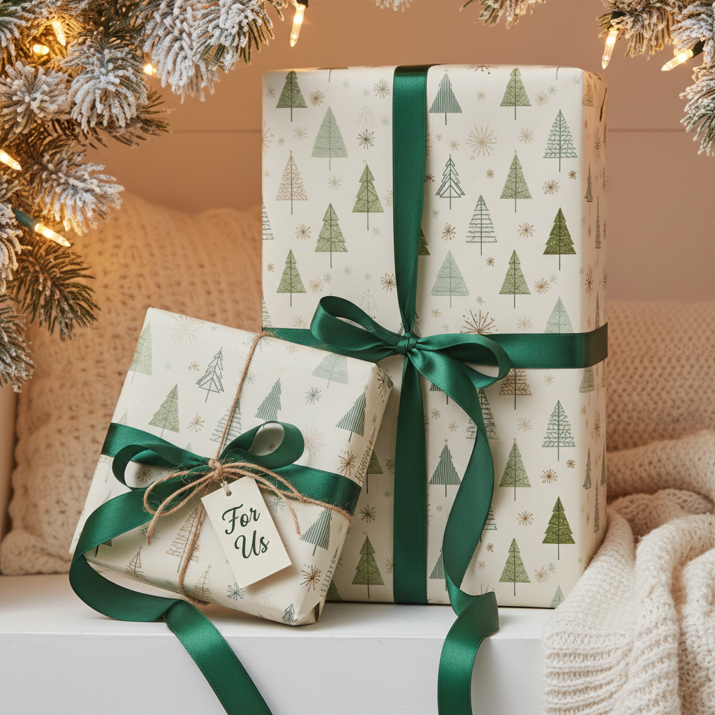 Christmas wrapping paper with green trees and stars, tied with emerald green satin ribbon and a "For Us" gift tag, under snowy branches and warm string lights.