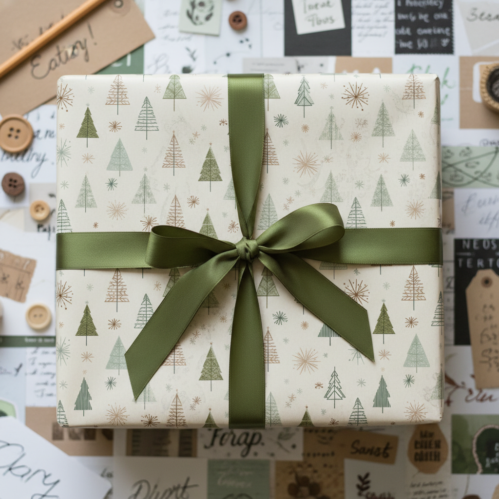 Christmas wrapping paper with green trees and snowflakes, tied with an elegant olive green ribbon, perfect for holiday gifts.