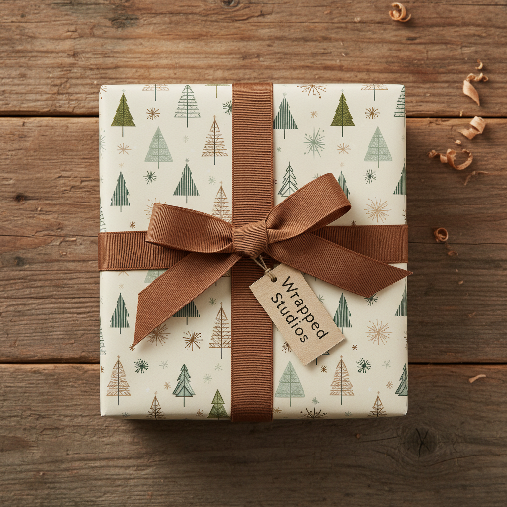 Winter forest themed luxury Christmas wrapping paper with green and brown trees, snowflakes, and a brown ribbon bow on a rustic wooden table.