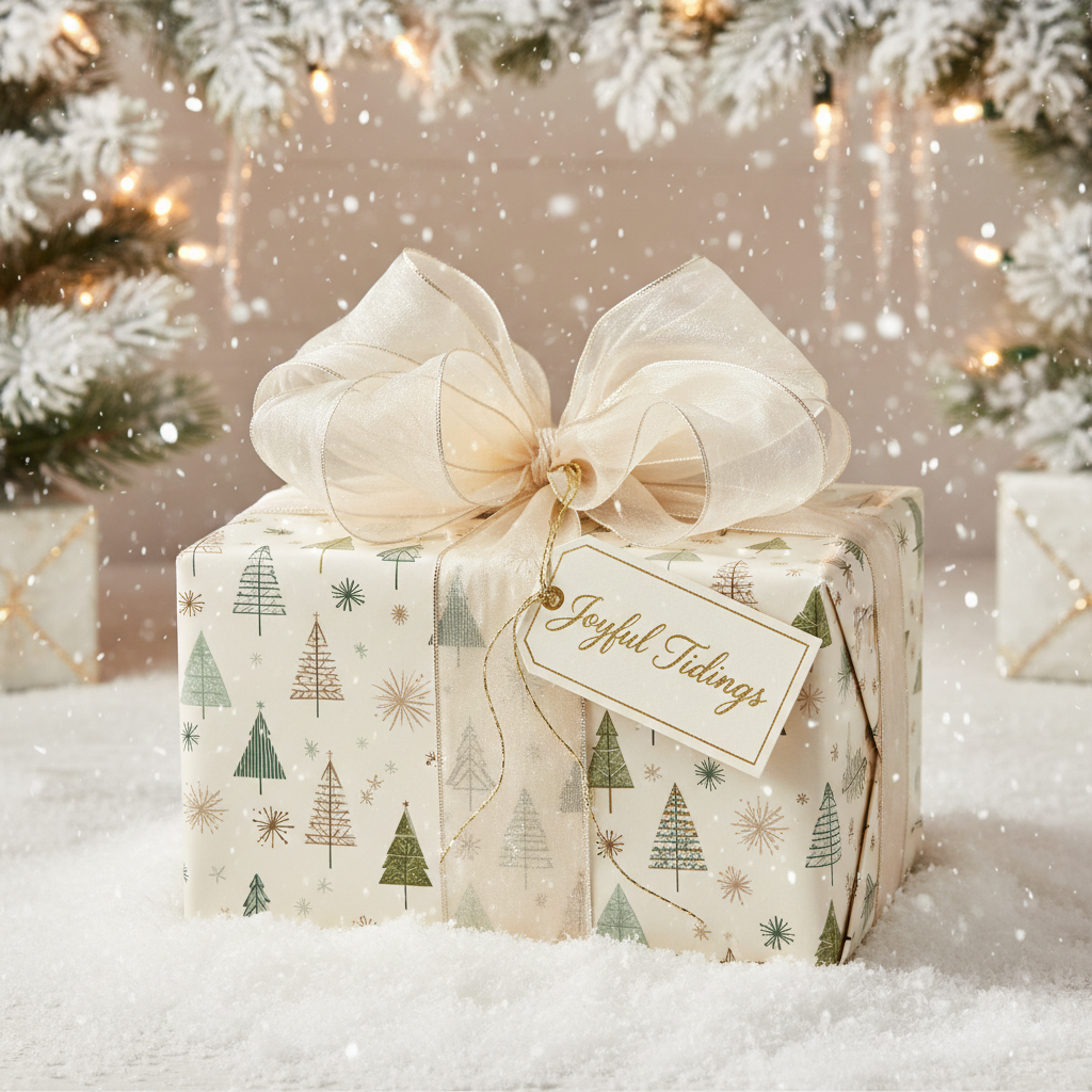 Elegant Christmas gift box with green and gold tree pattern wrapping paper, topped with a cream bow and "Joyful Tidings" tag, nestled in soft snow.