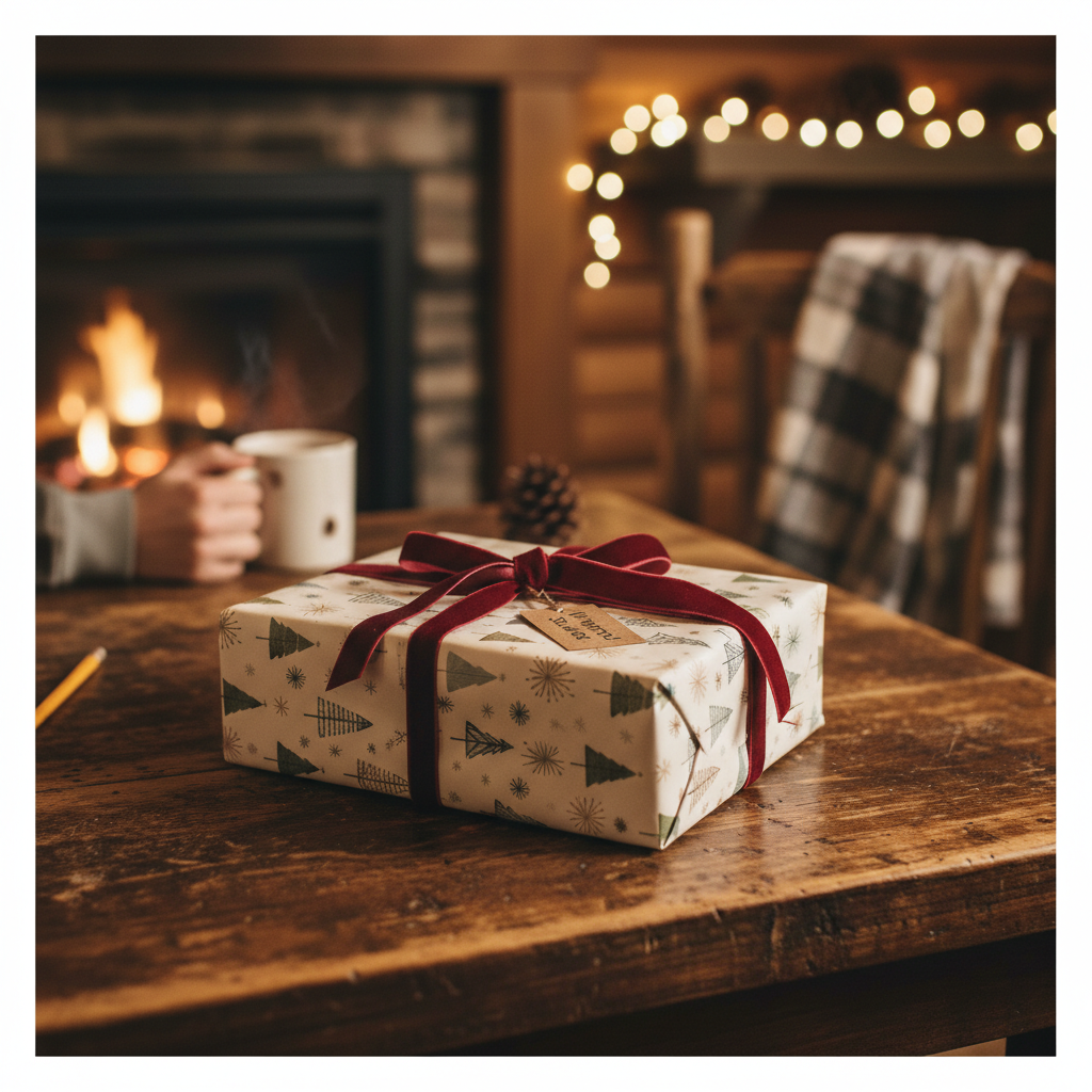 Cozy Christmas gift wrap with green tree pattern, tied with a luxurious red velvet ribbon, on a rustic wooden table by a warm fireplace.