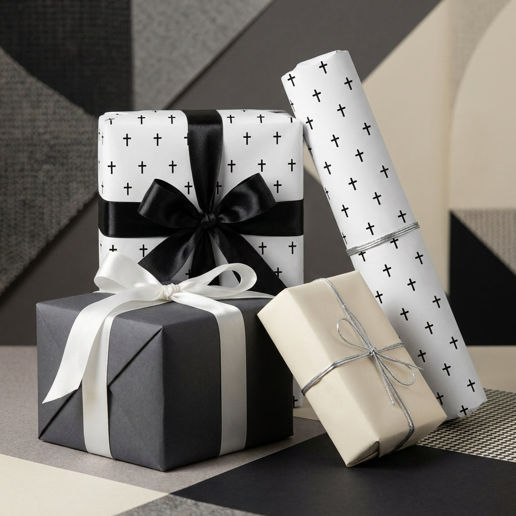 Modern baptism wrapping paper with black crosses on elegant gift boxes by Wrapped Studios.