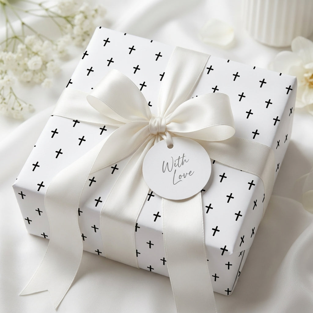 Elegant Christian cross baptism wrapping paper with white satin bow by Wrapped Studios.
