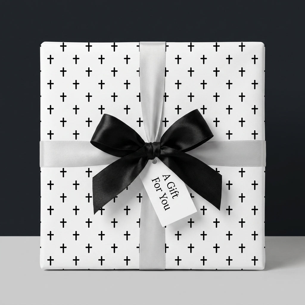 Elegant Christian cross wrapping paper with a black satin bow for baptism, by Wrapped Studios.