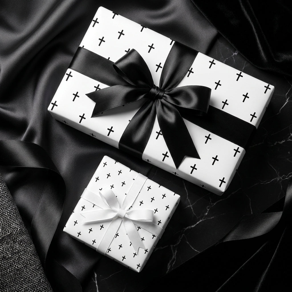 Luxury black and white cross wrapping paper with elegant satin bows by Wrapped Studios.