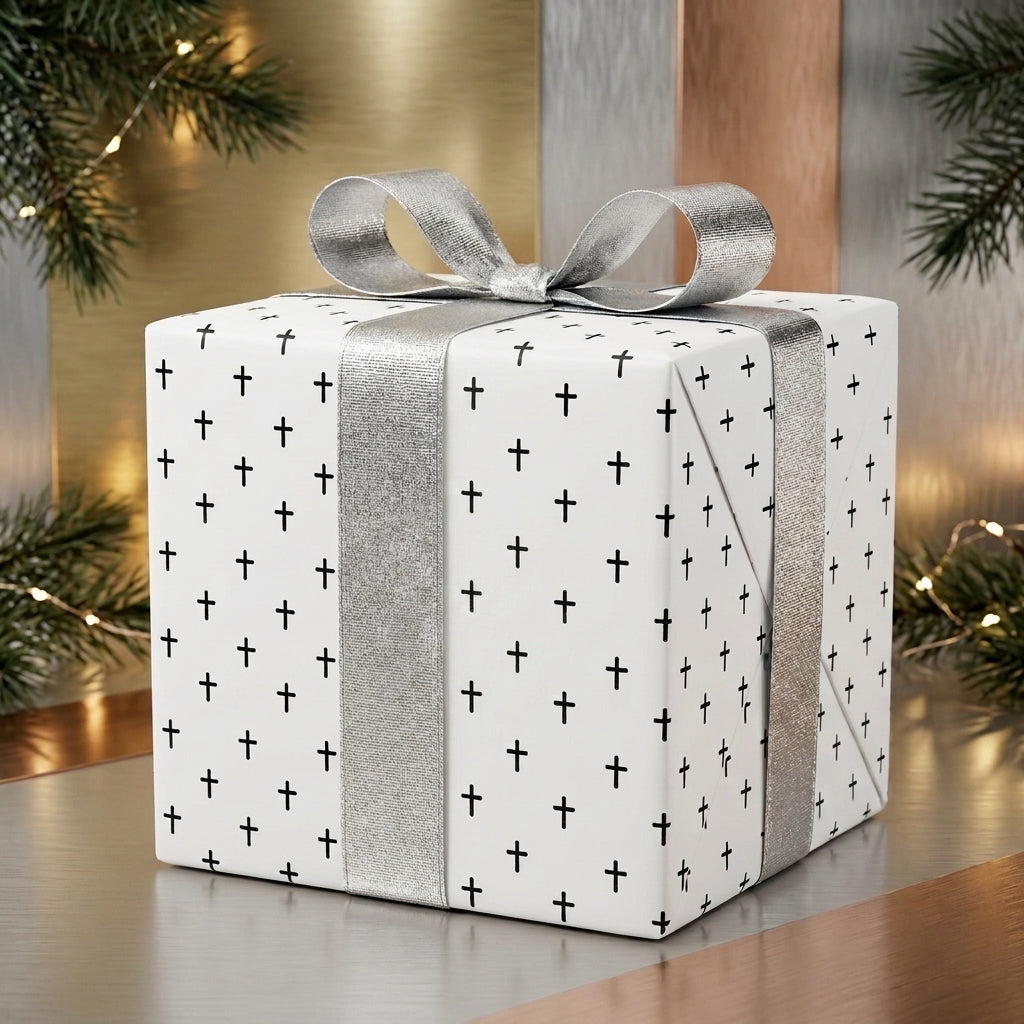 Christian cross wrapping paper with a silver bow for baptisms and holidays, by Wrapped Studios.