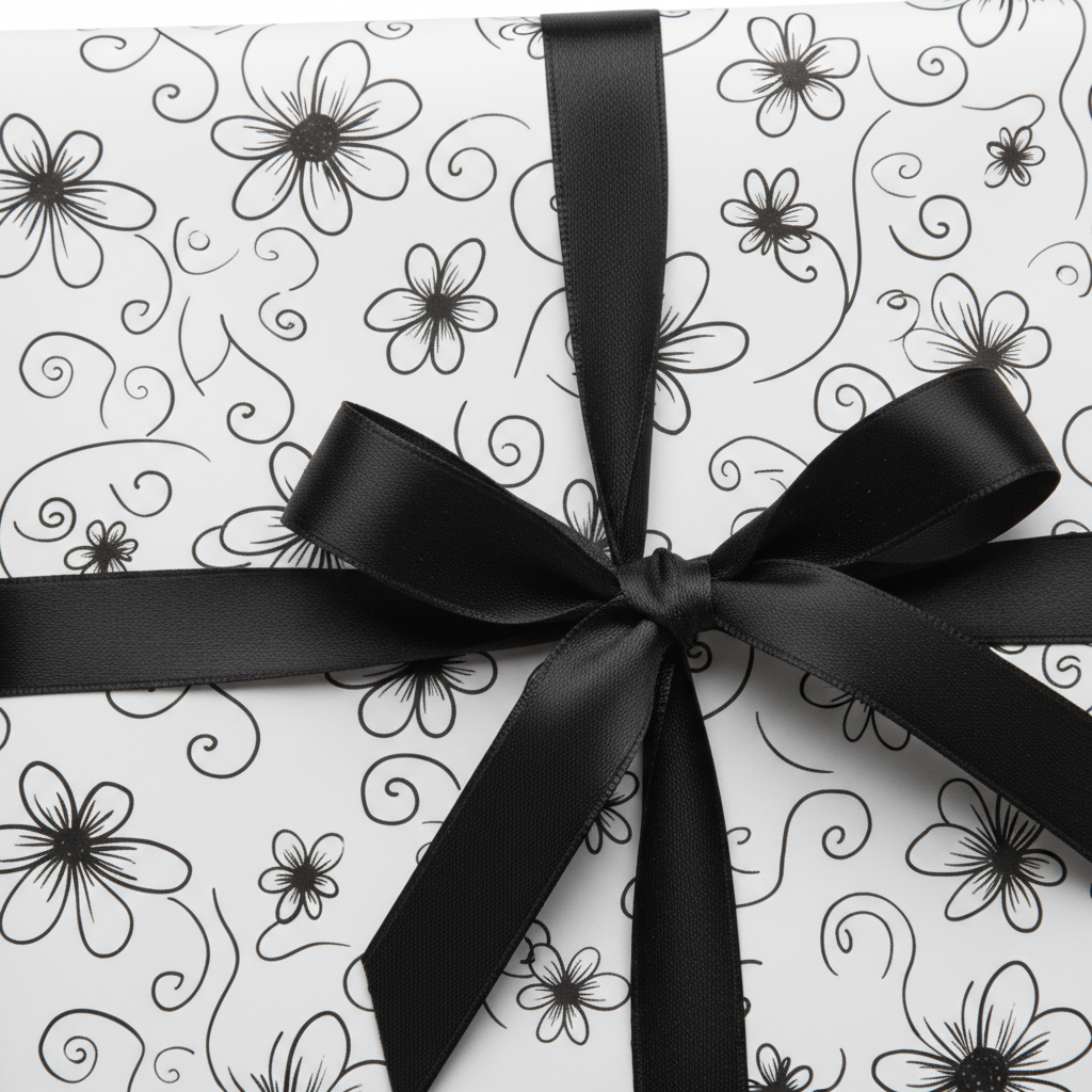 Elegant black and white floral wrapping paper tied with a sleek black satin ribbon, perfect for any special occasion gift.