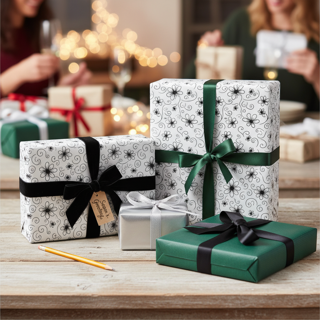 Elegant floral wrapping paper with black and green satin ribbons for a festive holiday gift exchange.