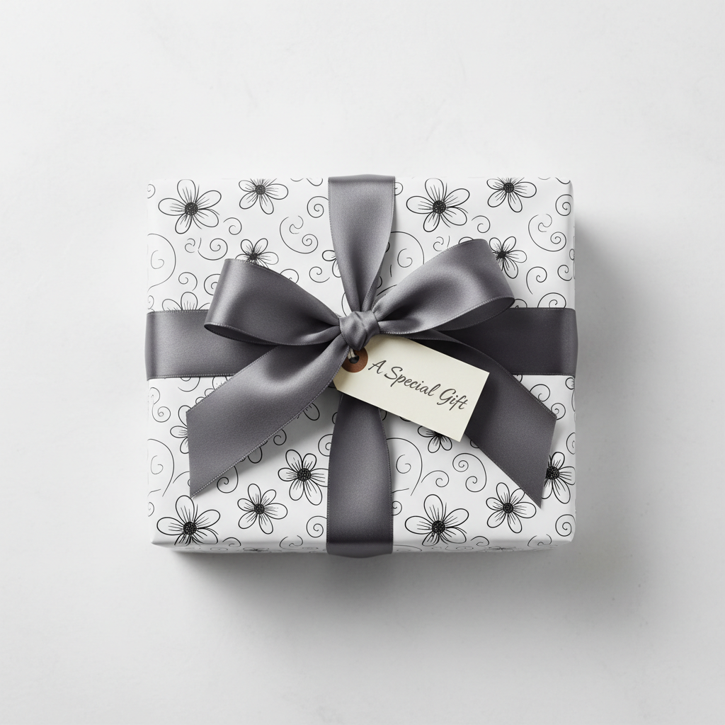 Elegant white wrapping paper with a black floral and scroll pattern, tied with a dark gray satin ribbon and a "A Special Gift" tag.