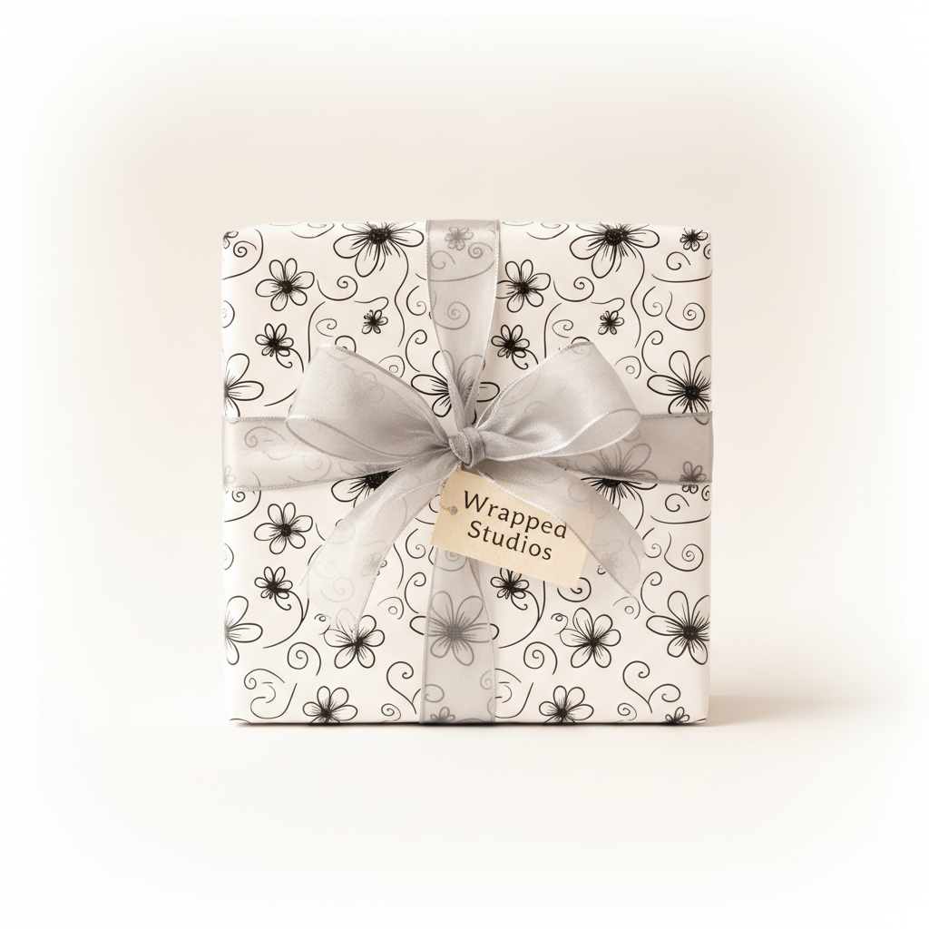 Black and white floral pattern wrapping paper with a sheer silver ribbon and "Wrapped Studios" gift tag, ideal for elegant birthday or wedding gifts.