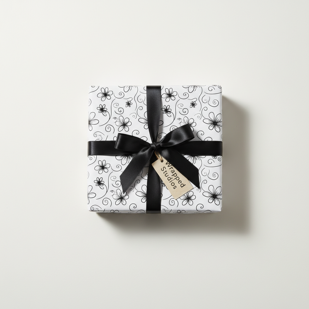 Modern floral wrapping paper with black ribbon and a gift tag, perfect for birthday or any occasion.