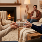 Elegant white floral wrapping paper gift with natural twine bow exchanged between two people in a cozy living room, perfect for birthdays.