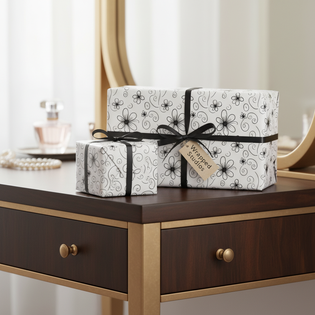 Elegant white floral wrapping paper with black outlines, tied with black ribbon and a "Wrapped Studios" tag, on a dark wood vanity.
