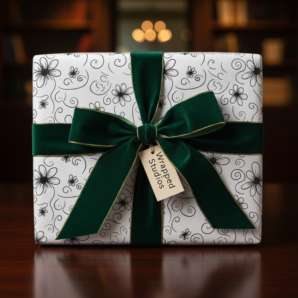 Elegant floral wrapping paper with black hand-drawn flowers, tied with a luxurious emerald green velvet ribbon and bow, on a dark wooden table.