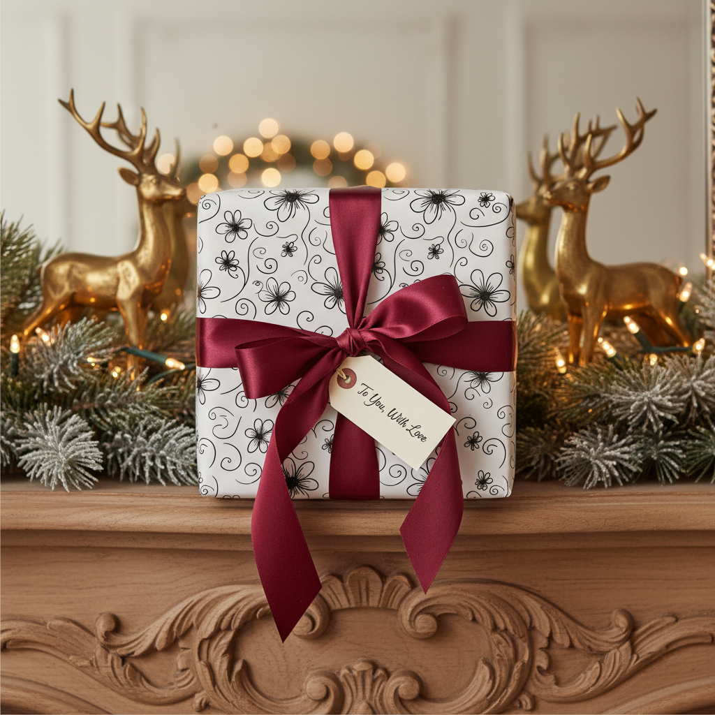 Elegant floral wrapping paper with black hand-drawn flowers, a rich burgundy ribbon bow, and a "To You, With Love" tag, perfect for luxury holiday or birthday gifts.