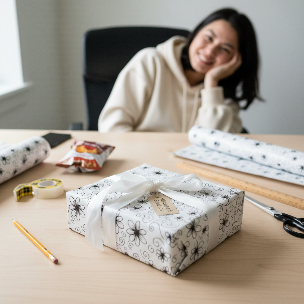 Elegant black and white floral wrapping paper with a white ribbon, perfect for birthday or wedding gifts.
