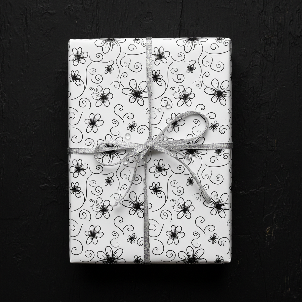 Elegant white floral wrapping paper with black hand-drawn flowers and silver ribbon, perfect for luxury birthday or wedding gifts.