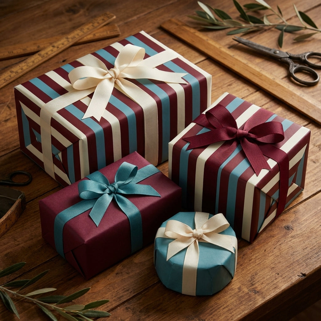 Elegant burgundy and teal striped wrapping paper on gift boxes by Wrapped Studios.