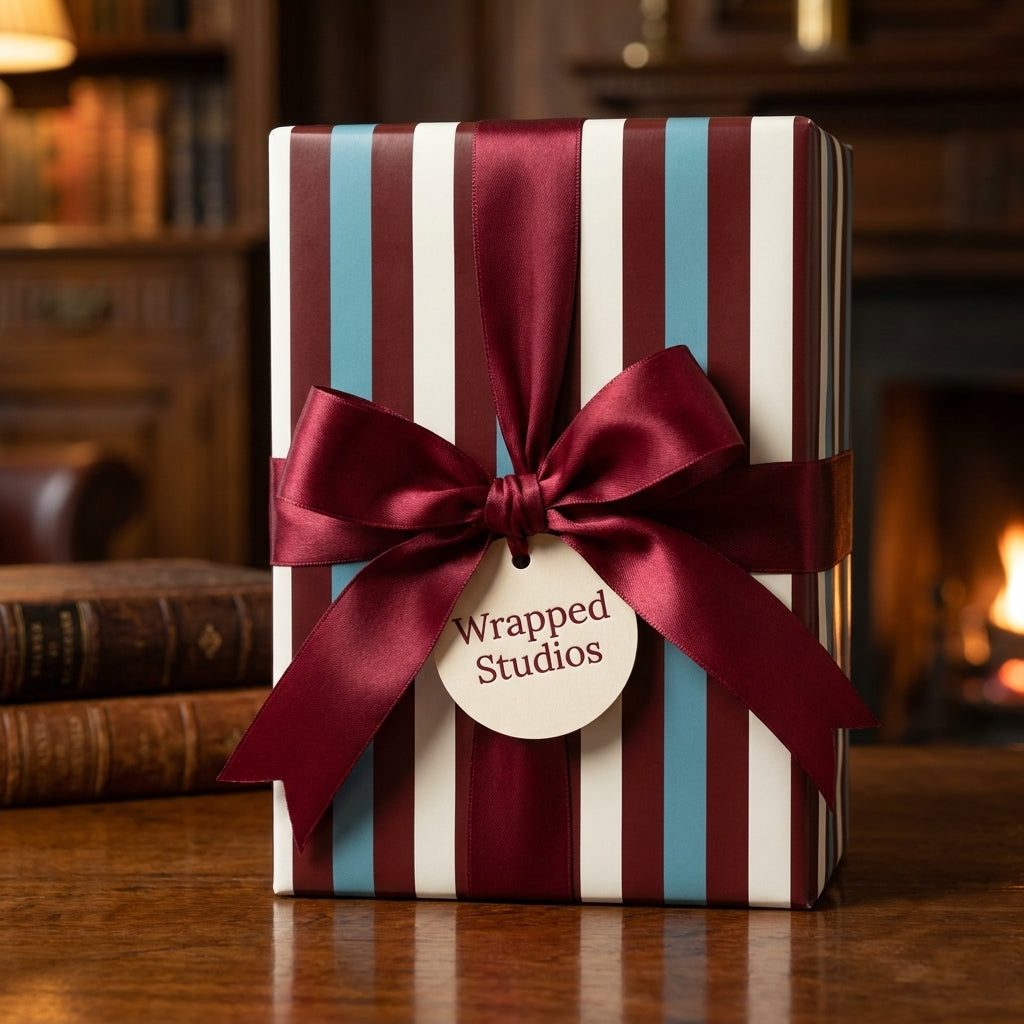 Luxury striped wrapping paper in burgundy, cream, and blue with a satin bow, by Wrapped Studios.