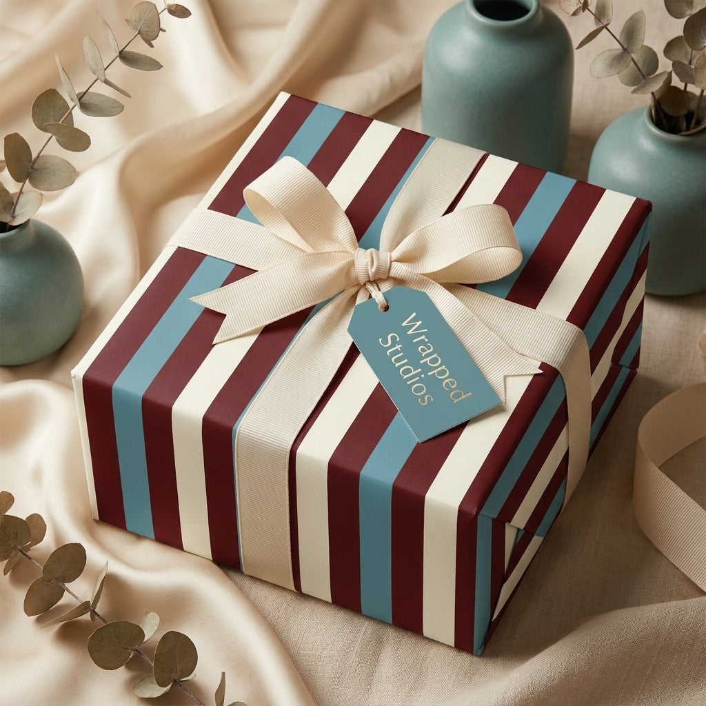 Luxury striped wrapping paper in burgundy and teal blue with cream ribbon by Wrapped Studios.