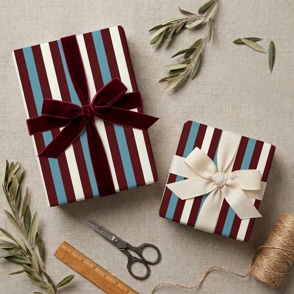 Burgundy and blue striped wrapping paper with a velvet bow on elegant holiday gifts by Wrapped Studios.