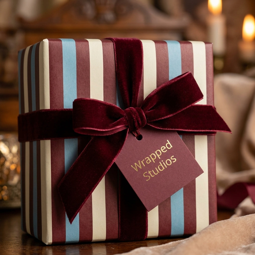 Luxury striped wrapping paper in burgundy and blue with a velvet bow by Wrapped Studios.