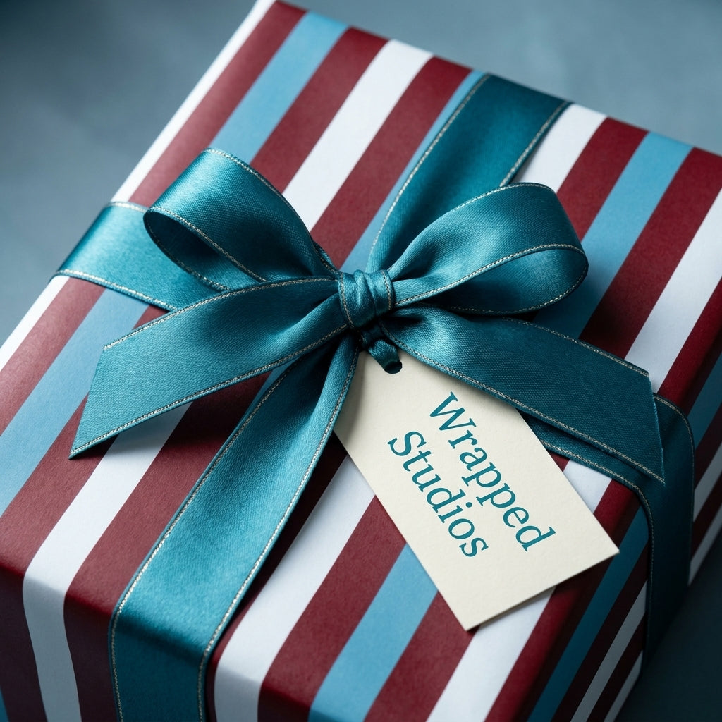 Luxury striped wrapping paper in burgundy, blue, and white with a teal satin bow by Wrapped Studios.
