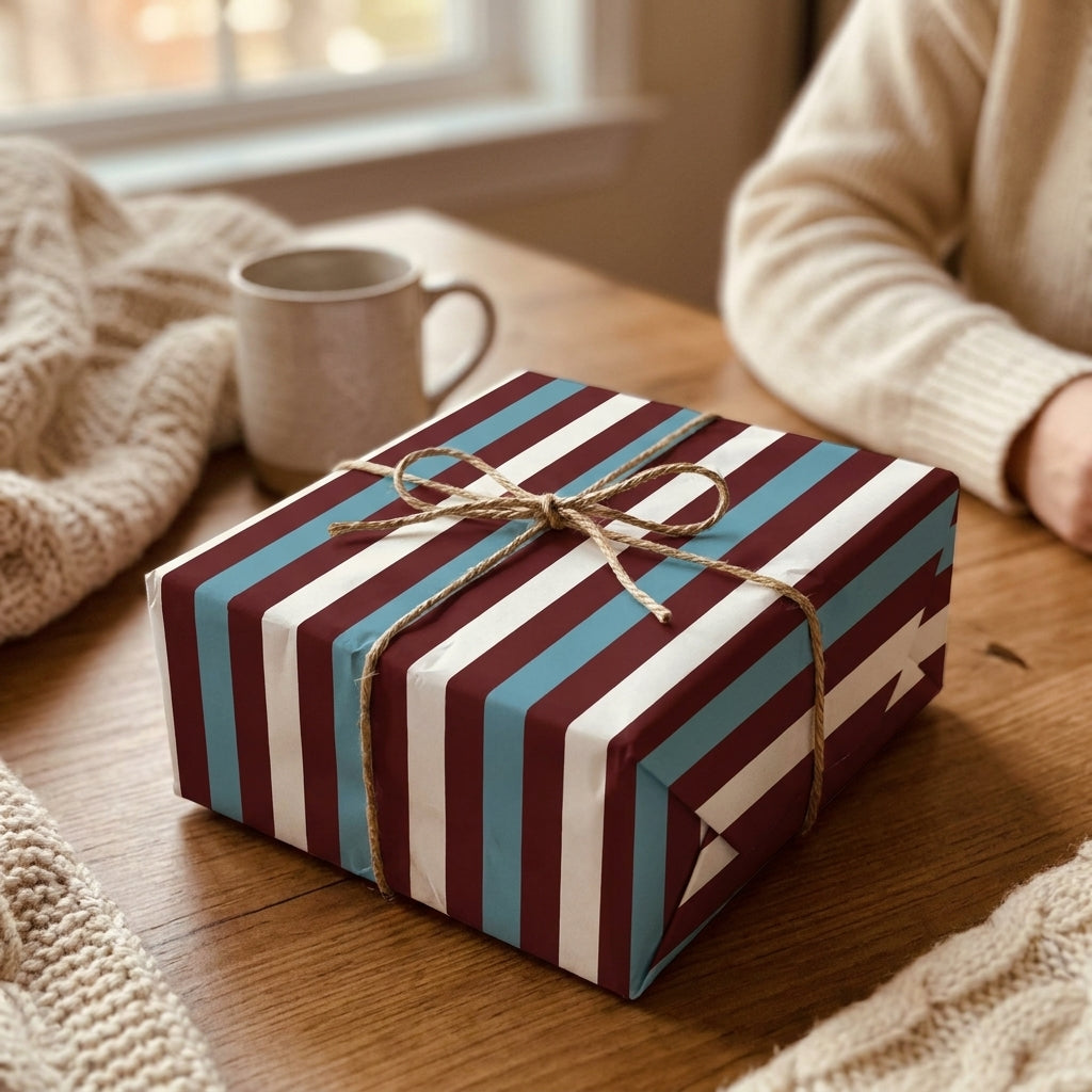 Rustic striped holiday wrapping paper in burgundy and teal with a twine bow, by Wrapped Studios.