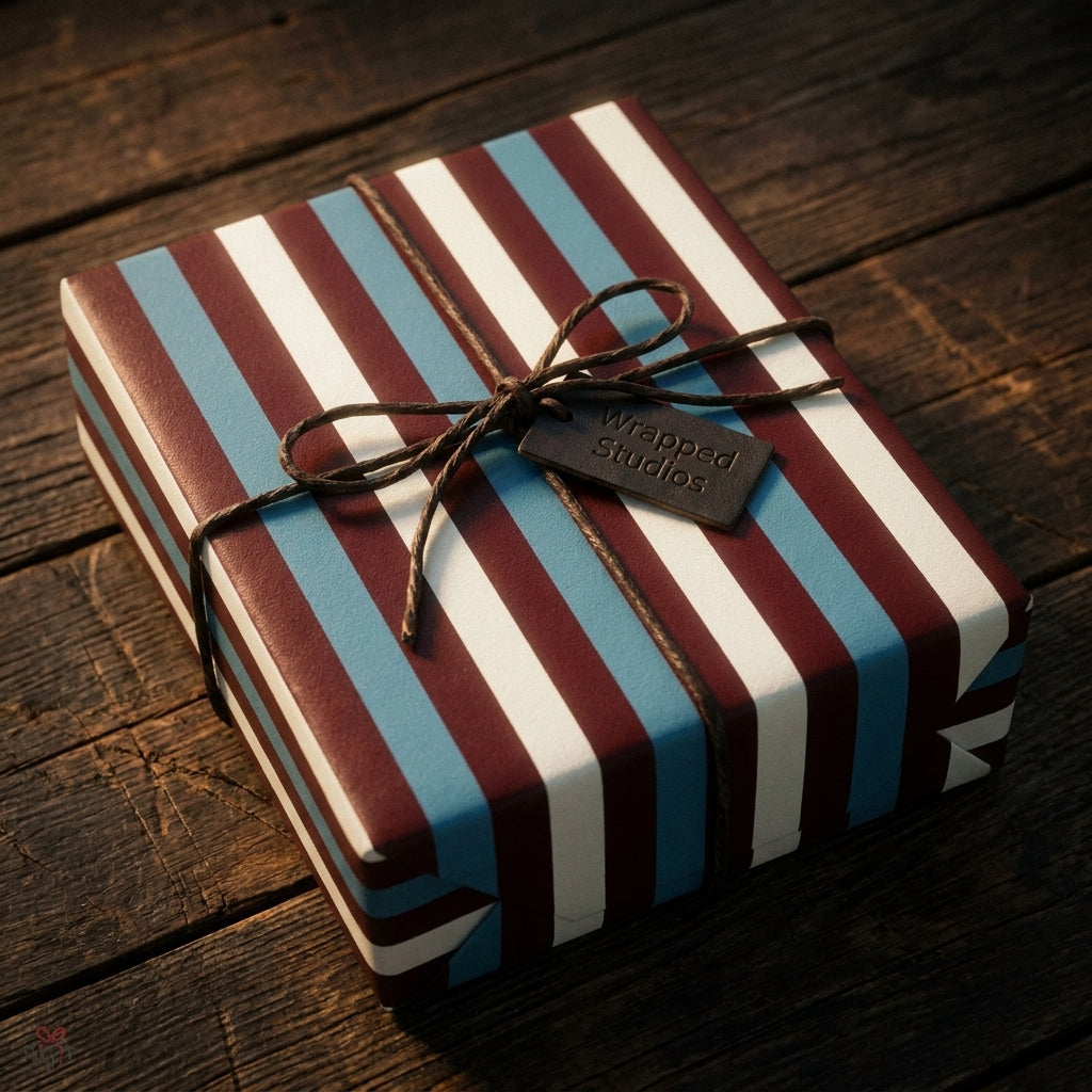 Striped wrapping paper in burgundy and blue with a twine bow on rustic wood by Wrapped Studios.