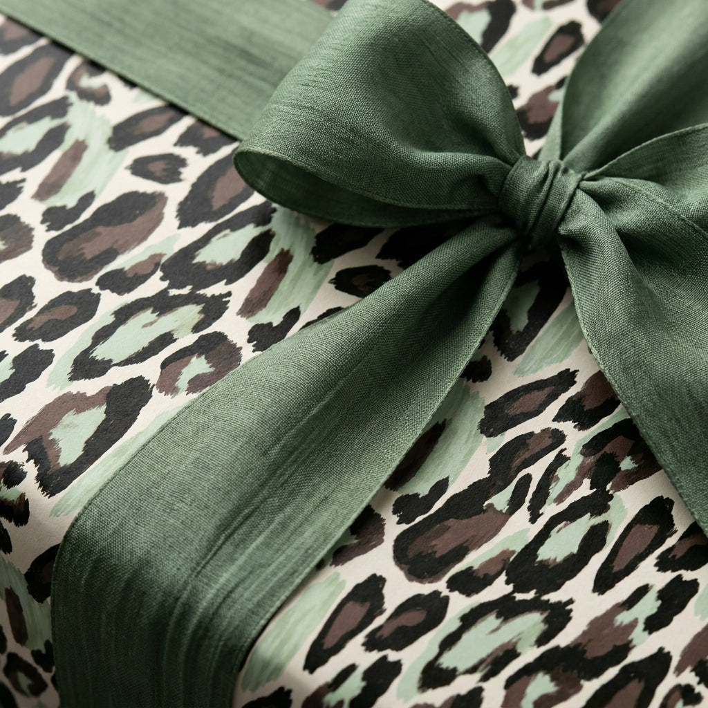 Luxury sage green leopard print wrapping paper with a green linen ribbon bow by Wrapped Studios.