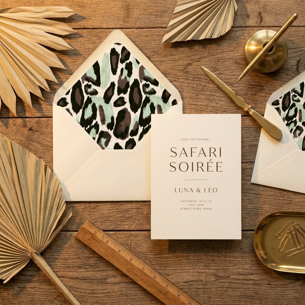 Safari invitation with modern leopard print envelope liner and palm leaves by Wrapped Studios.