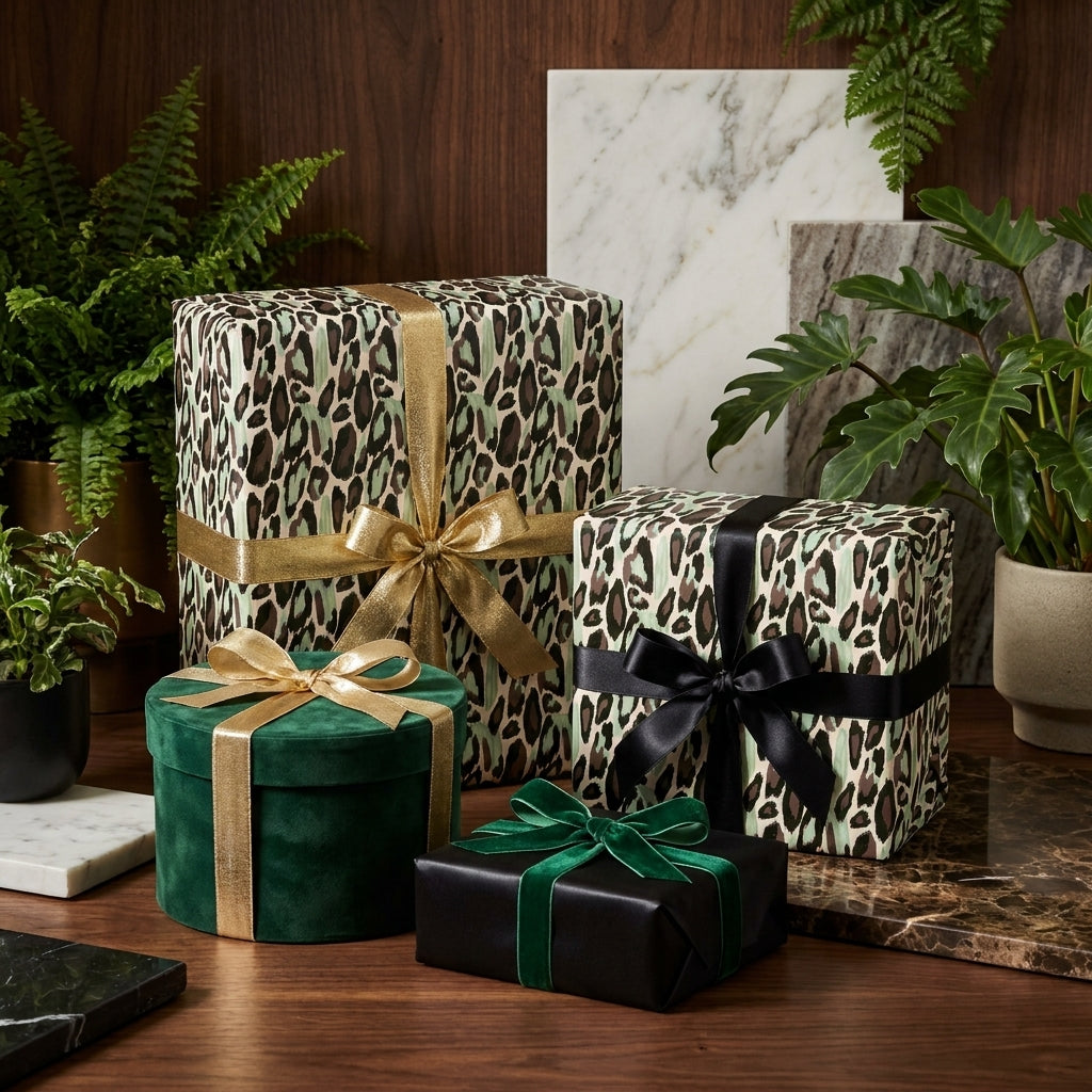 Luxury leopard print wrapping paper in sage green with elegant gold and black bows by Wrapped Studios.