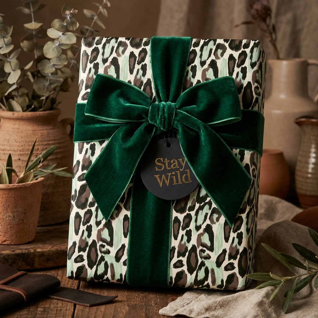 Luxury leopard wrapping paper with emerald velvet bow and Stay Wild gift tag by Wrapped Studios.