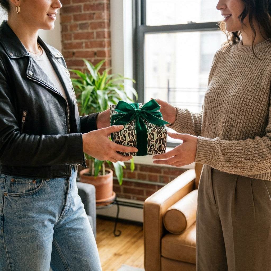 Leopard print luxury gift wrap with a green velvet bow on a gift being exchanged, by Wrapped Studios.