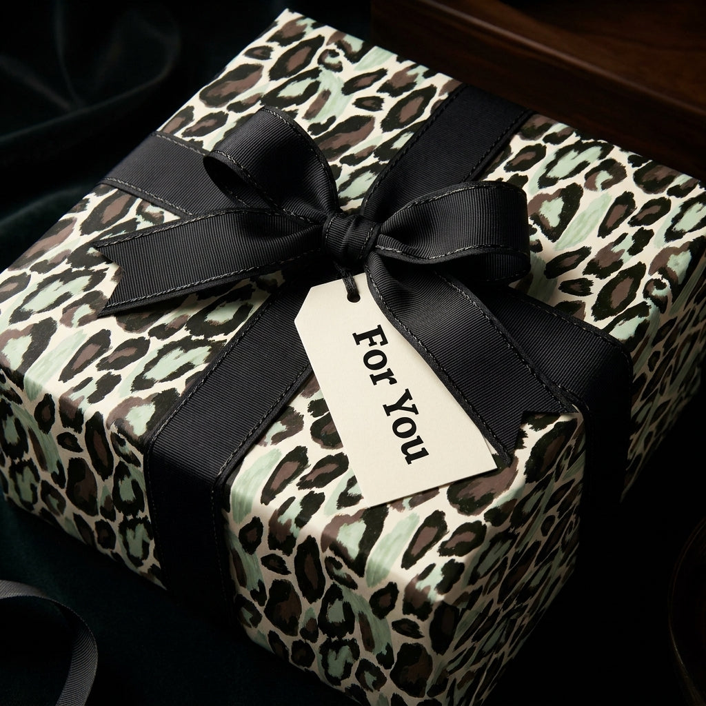 Luxury leopard print wrapping paper in mint green with a black ribbon and gift tag by Wrapped Studios.
