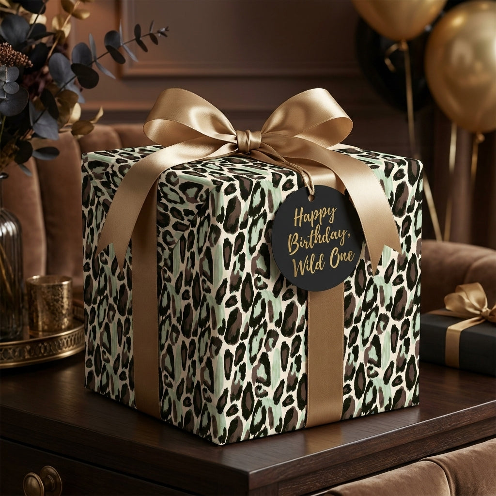 Mint green leopard print birthday wrapping paper with a gold bow, by Wrapped Studios.