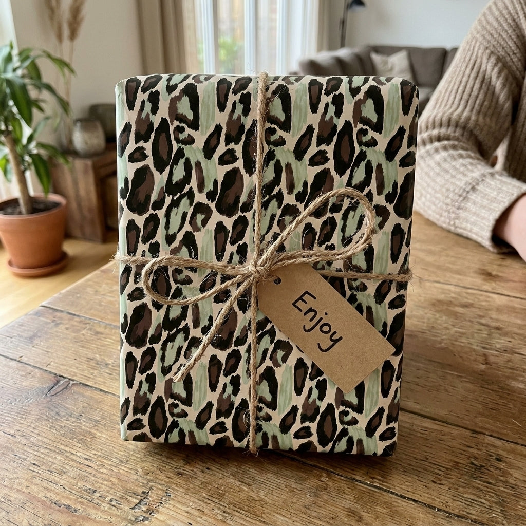 Mint green leopard print wrapping paper by Wrapped Studios, tied with rustic twine and an 'Enjoy' tag.