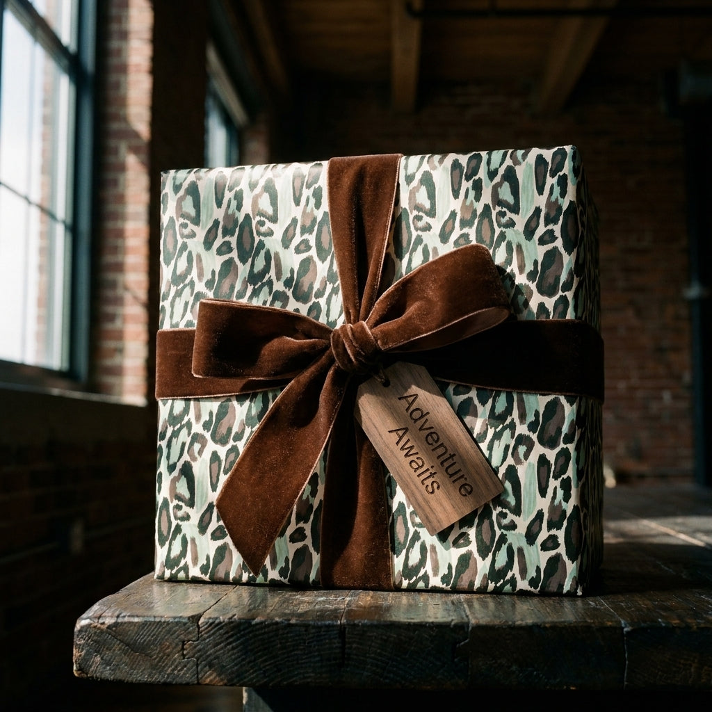 Luxury green leopard print wrapping paper with a brown velvet bow and wooden tag by Wrapped Studios.