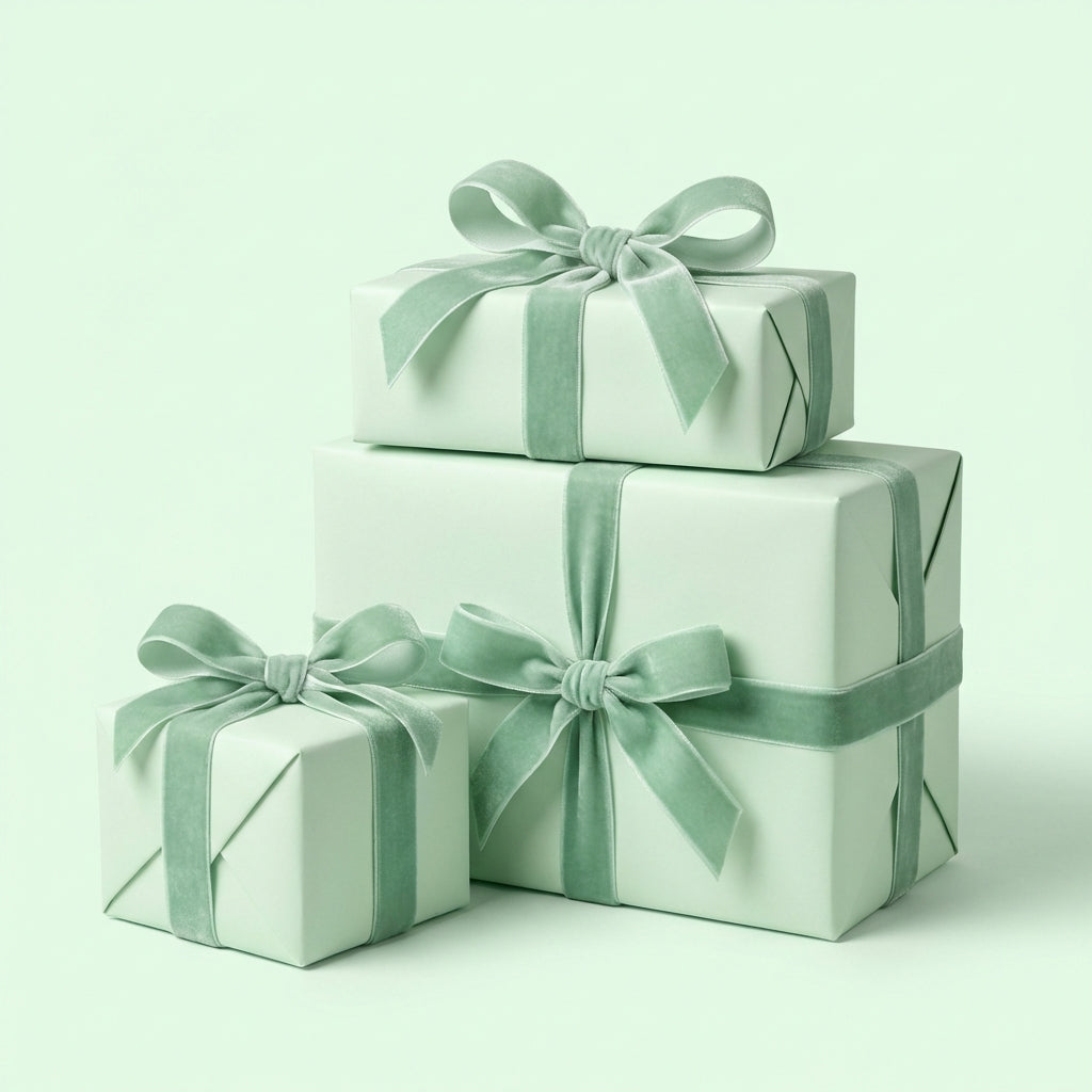 Three mint cream gift boxes with green ribbons on a light green background