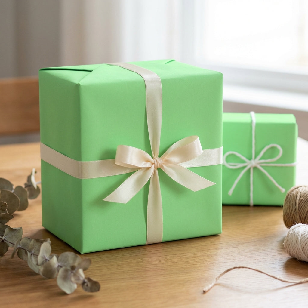 Two mint green gift boxes with ribbons on a wooden surface.