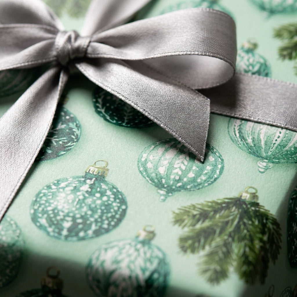 Luxury sage green Christmas wrapping paper with watercolor ornaments and a silver bow by Wrapped Studios.
