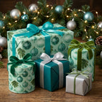 Luxury mint green Christmas wrapping paper with vintage ornament patterns and bows by Wrapped Studios.